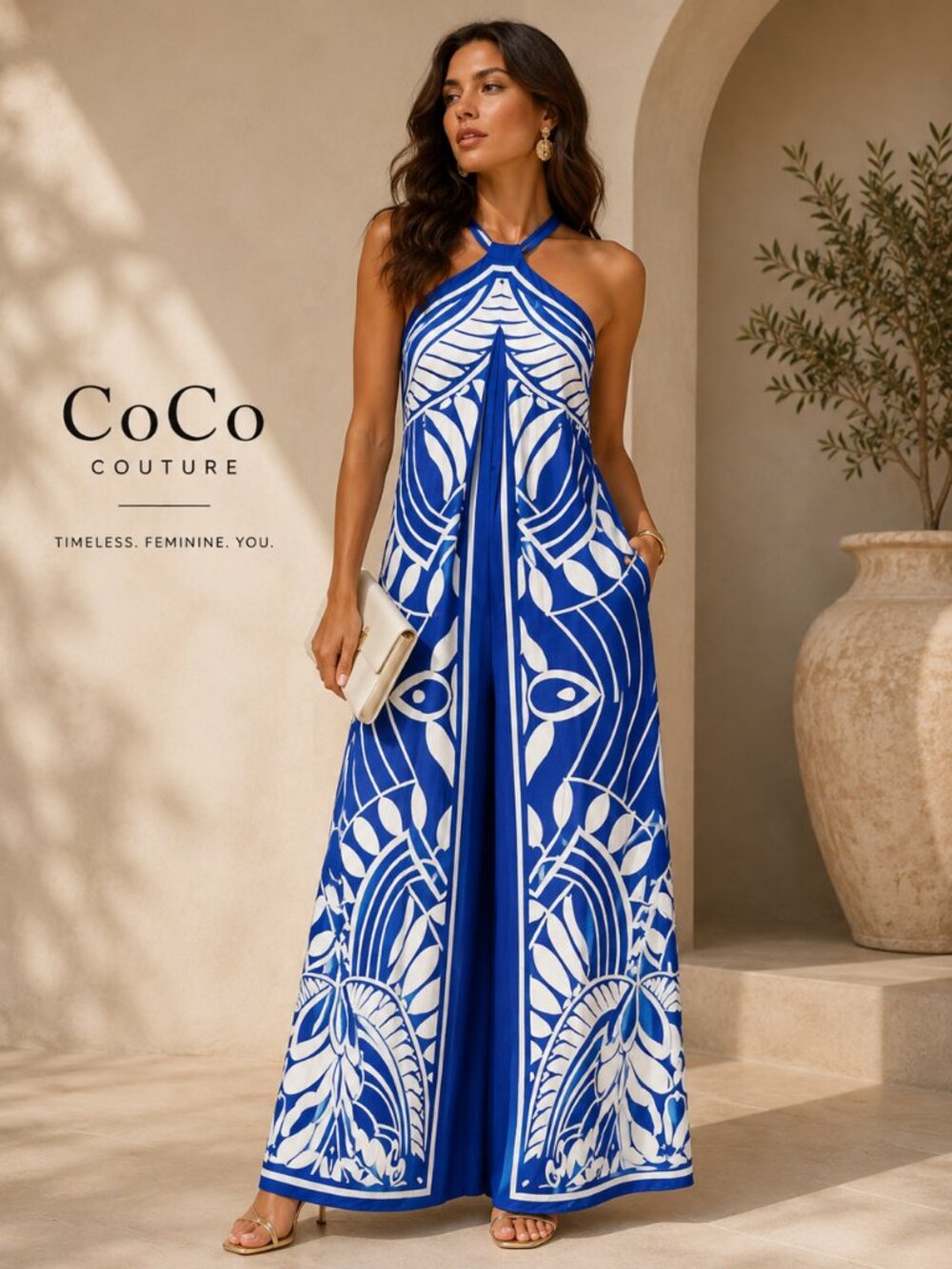 RCJW05898 Blue White Halter Style Jumpsuit